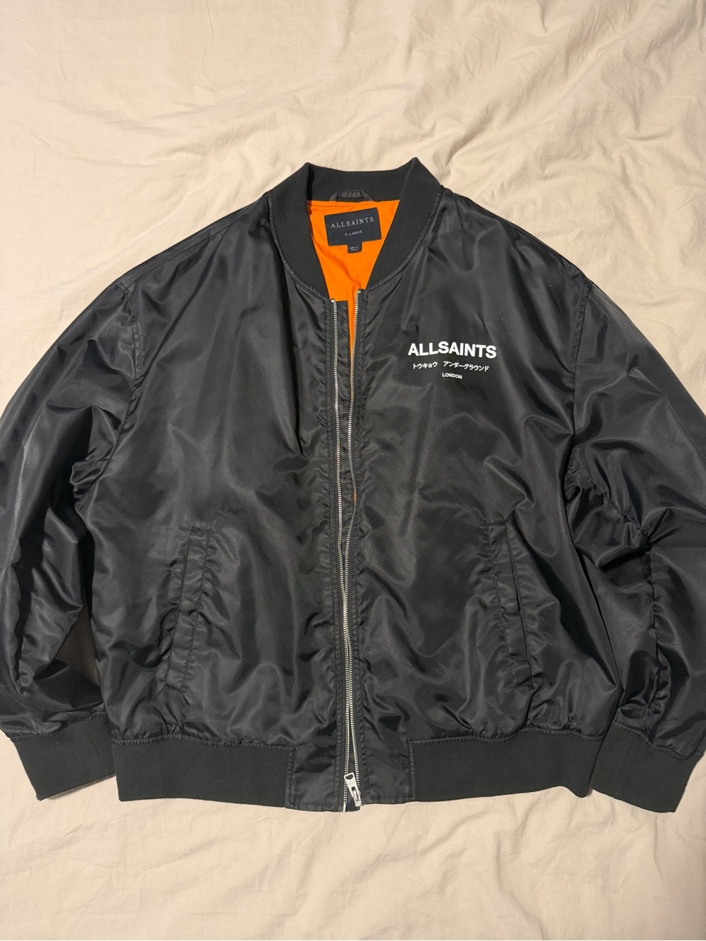 AllSaints Black Bomber Jacket with Orange Lining